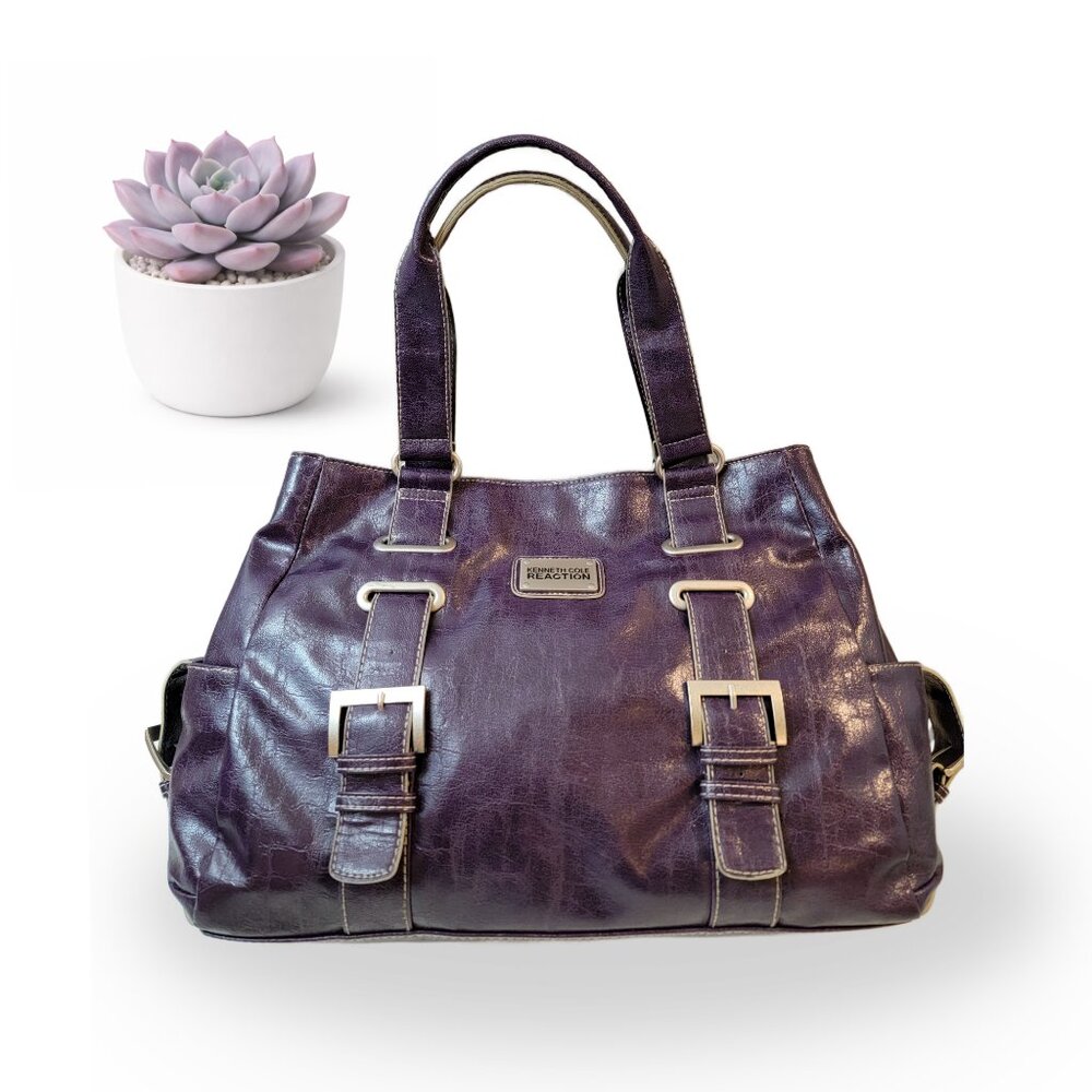 KENNETH COLE REACTION Purple Distressed Faux Leather Shoulder Bag Tote